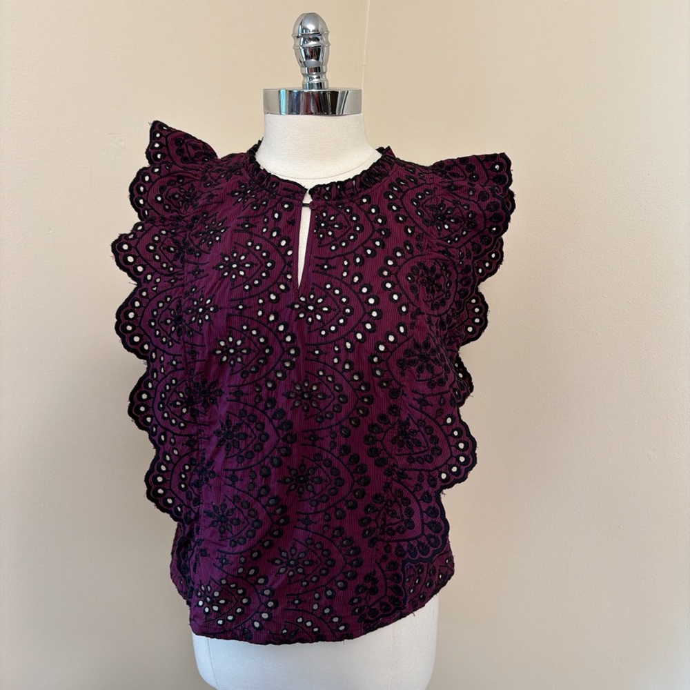 Amaryllis Purple & Navy Eyelet Ruffle Blouse L